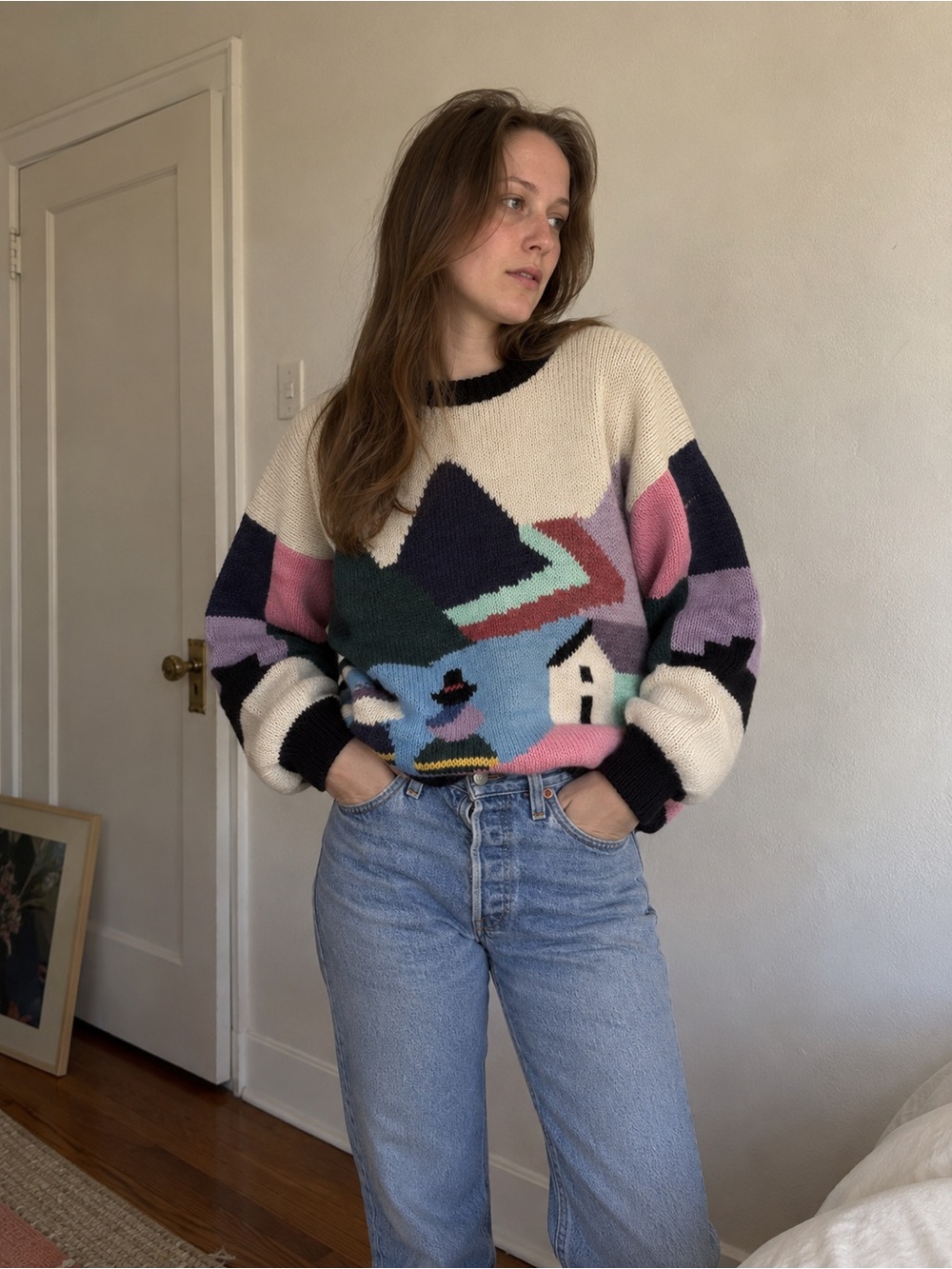 Vintage Peruvian Alpaca Wool Knit Sweater Womens Small Medium Villagers Colorful